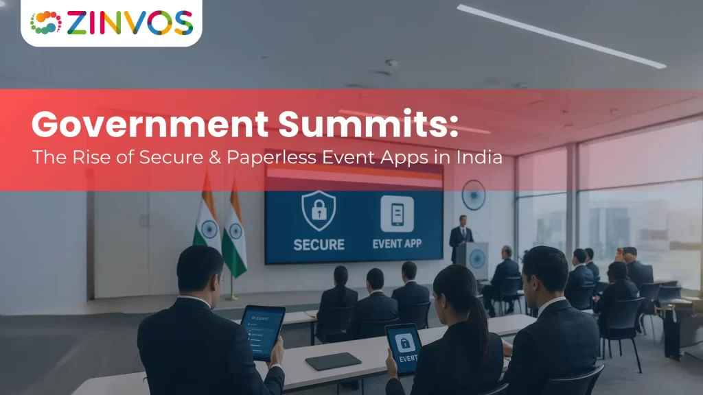 Government event attendees using mobile event apps at a conference in India