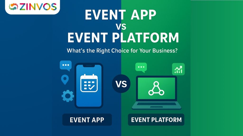 Comparison graphic showing features of event platform vs event app for B2B event management software selection